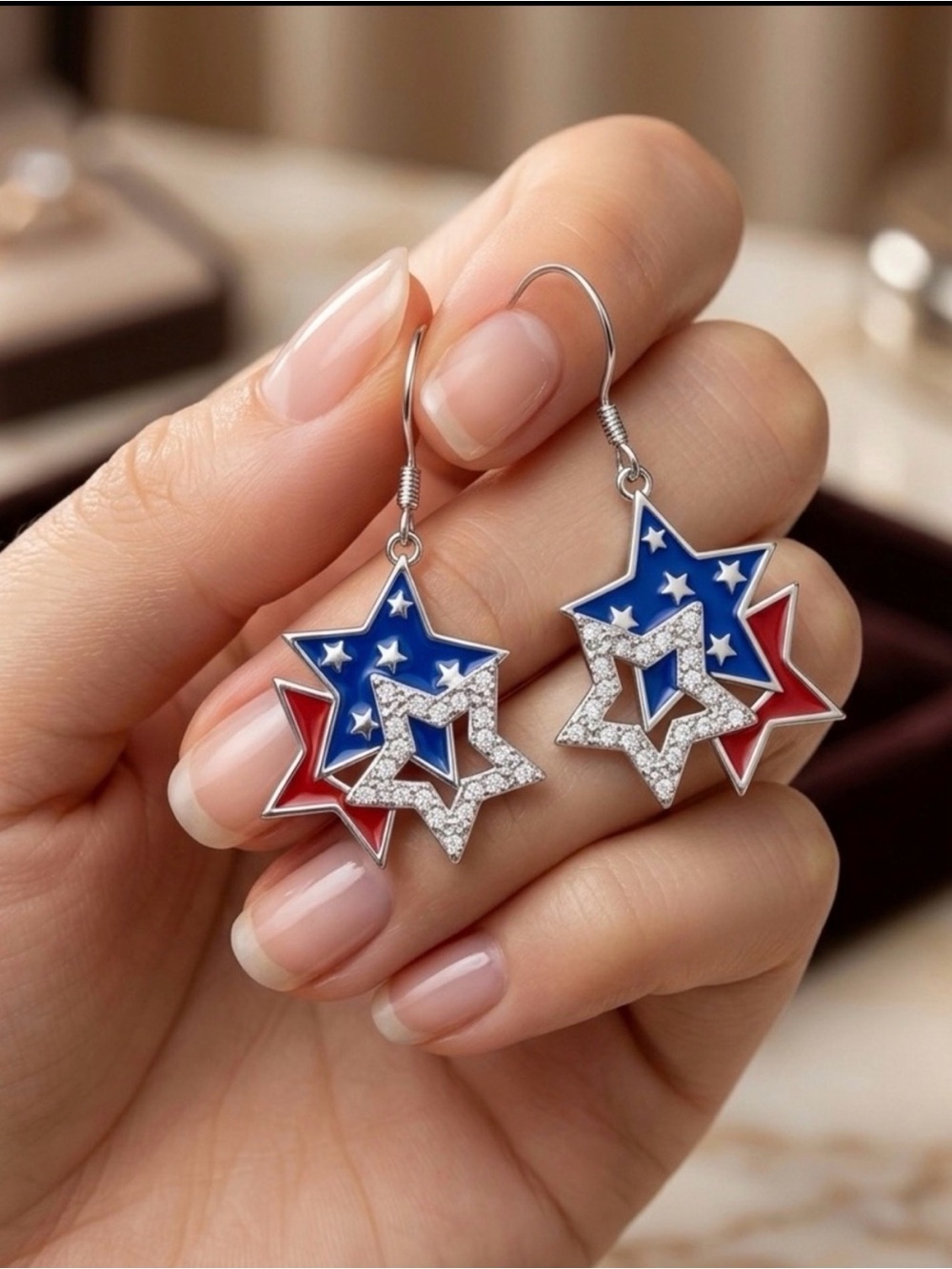 Patriotic Star Drop Earrings - Red, Silver & Blue - Picture 4 of 5